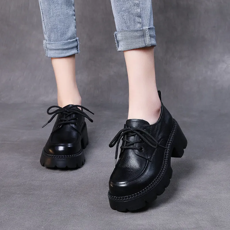 Women's Leather Lace-up Chunky Heel Platform Lightweight Loafers