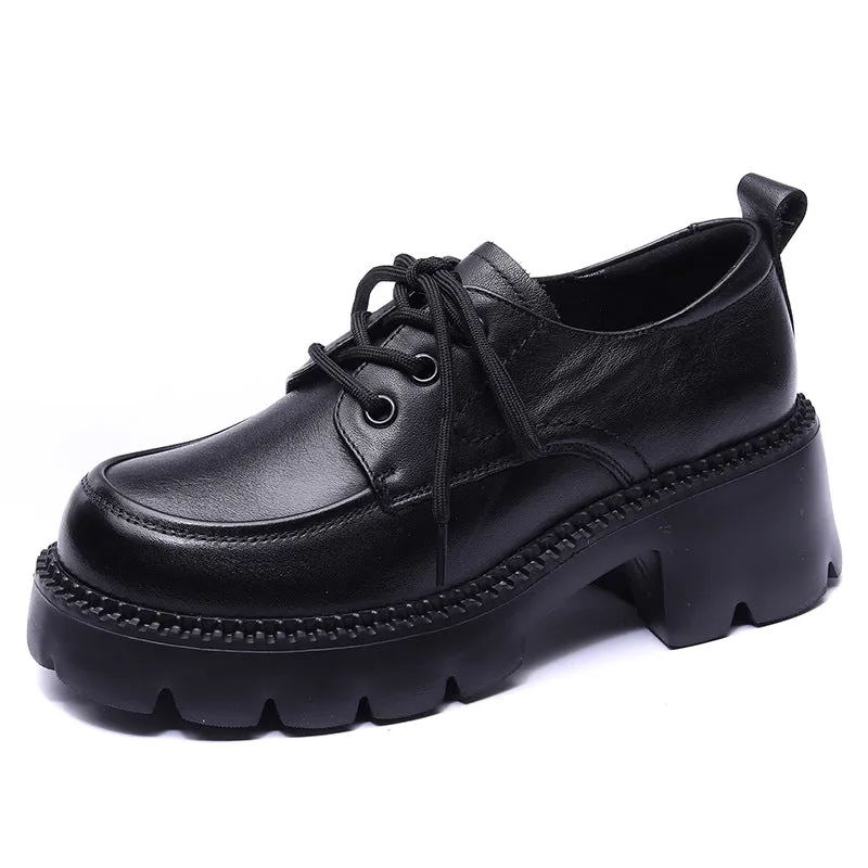 Women's Leather Lace-up Chunky Heel Platform Lightweight Loafers