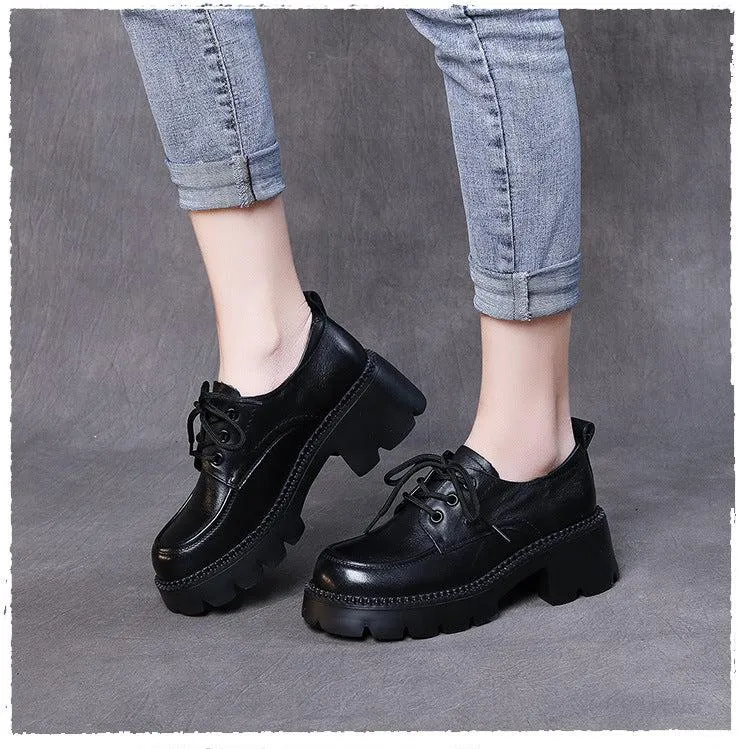 Women's Leather Lace-up Chunky Heel Platform Lightweight Loafers