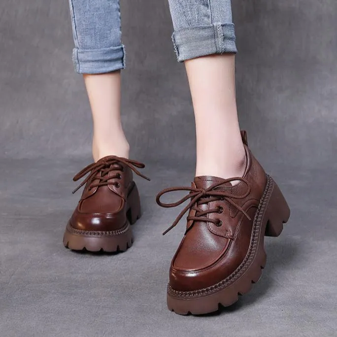 Women's Leather Lace-up Chunky Heel Platform Lightweight Loafers