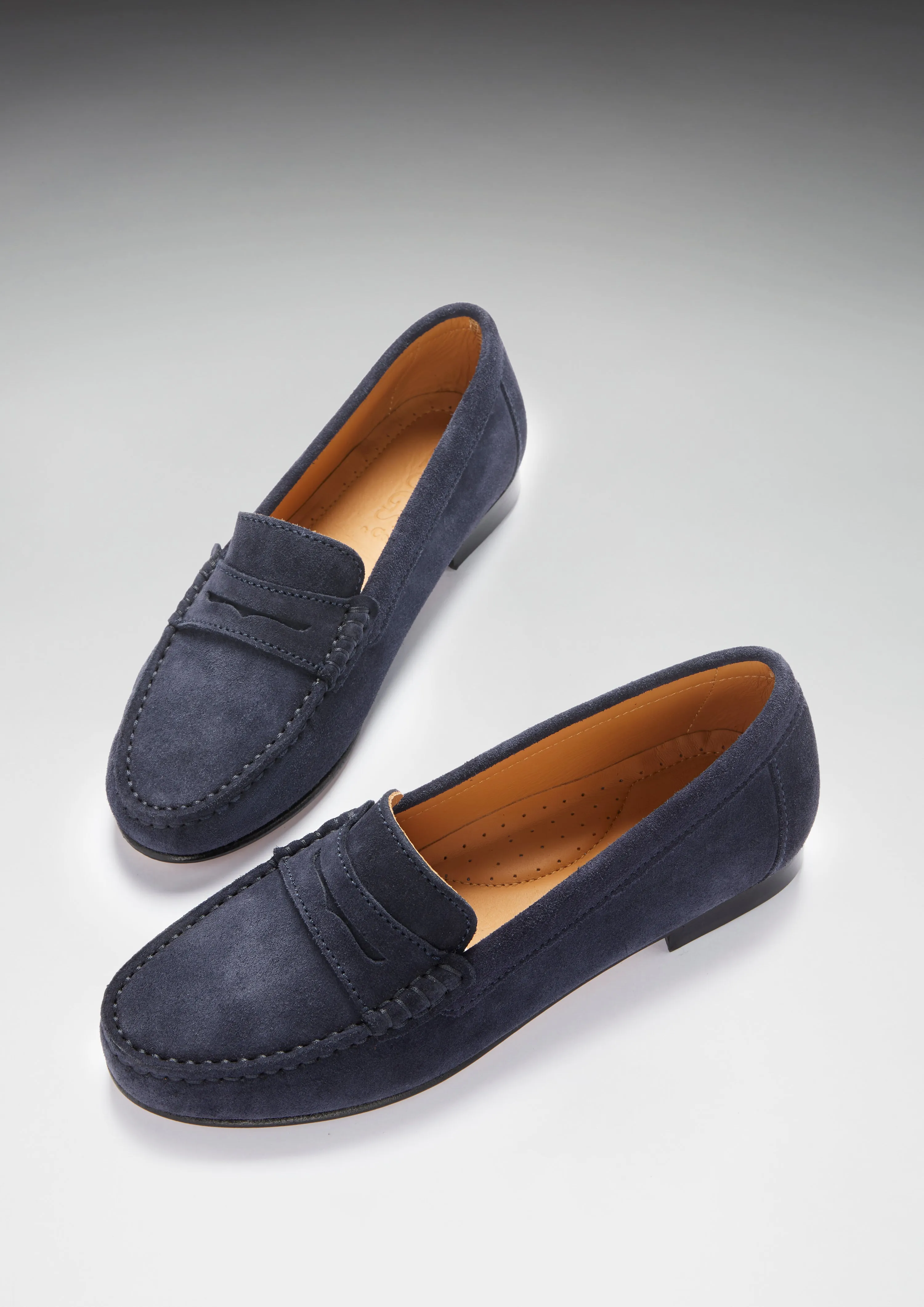 Women's Penny Loafers Leather Sole, navy blue suede