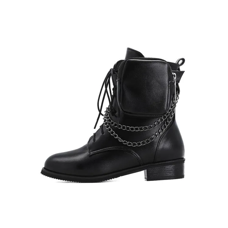 Women's Pu Leather Round Toe Metal Chains Lace Up Zippers Pocket Block Chunky Heel Ankle Boots