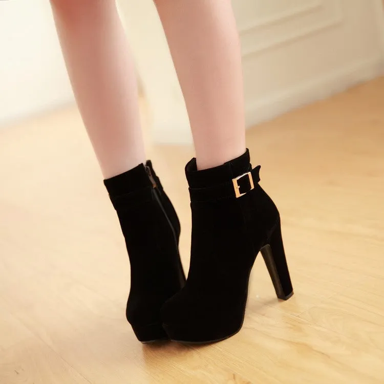 Women's Suede Round Toe Belts Buckles Side Zippers Chunky Heel Platform Short Boots