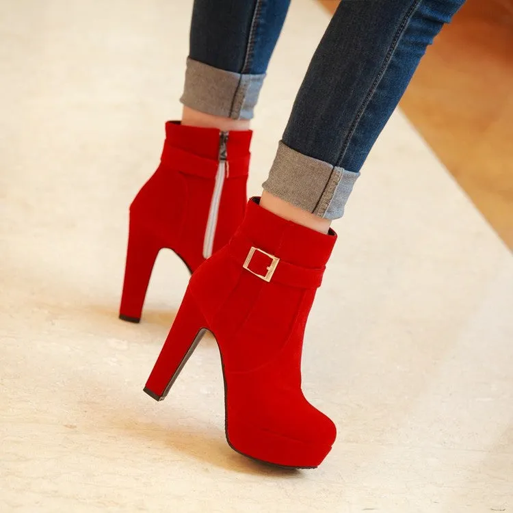 Women's Suede Round Toe Belts Buckles Side Zippers Chunky Heel Platform Short Boots