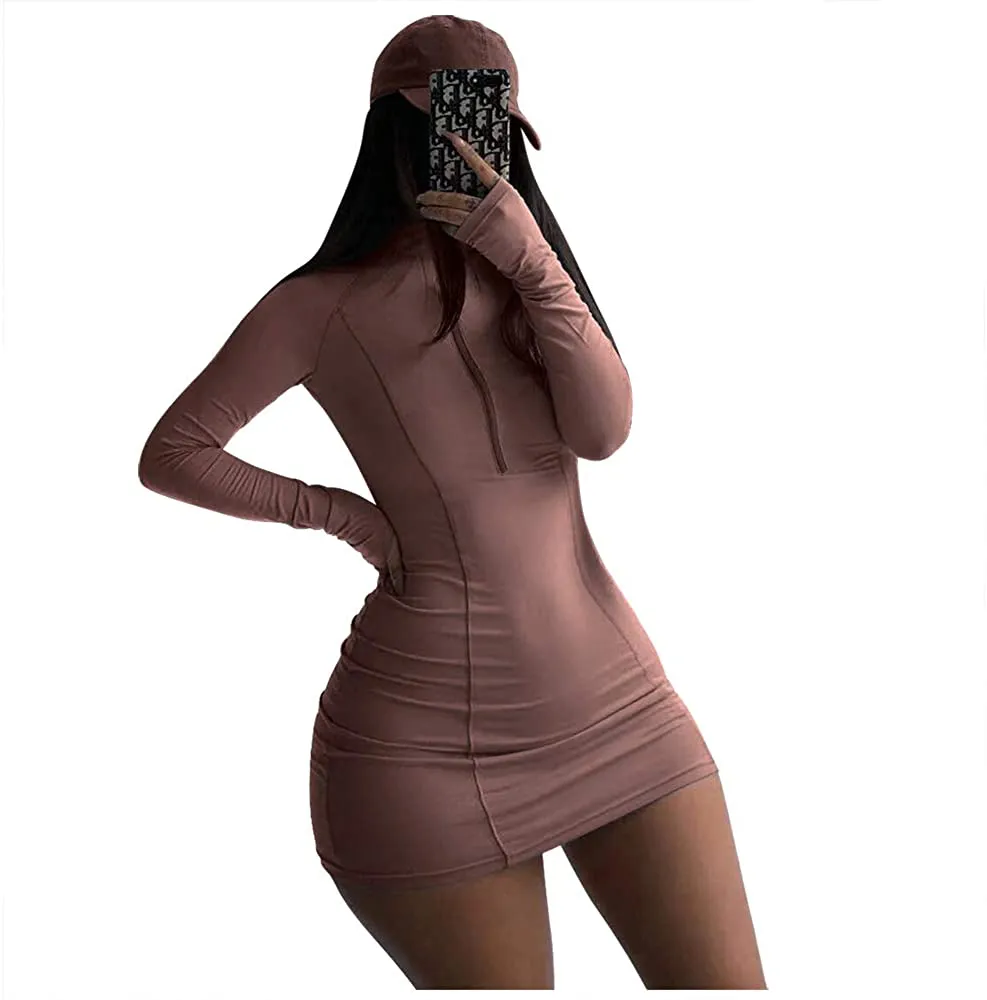 XLLAIS Women Long Sleeve Bodycon Dress with Zipper High Neck Cotton Outfits Fitness Mini Dresses