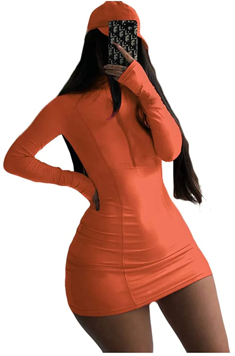 XLLAIS Women Long Sleeve Bodycon Dress with Zipper High Neck Cotton Outfits Fitness Mini Dresses