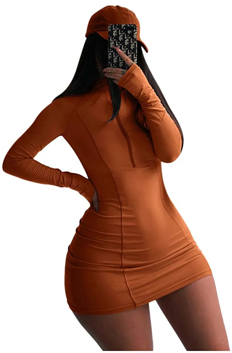 XLLAIS Women Long Sleeve Bodycon Dress with Zipper High Neck Cotton Outfits Fitness Mini Dresses